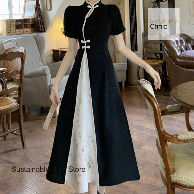 

Summer plus size new Chinese retro improved cheongsam skirt Fat mm black and white contrast gentle national temperament dress