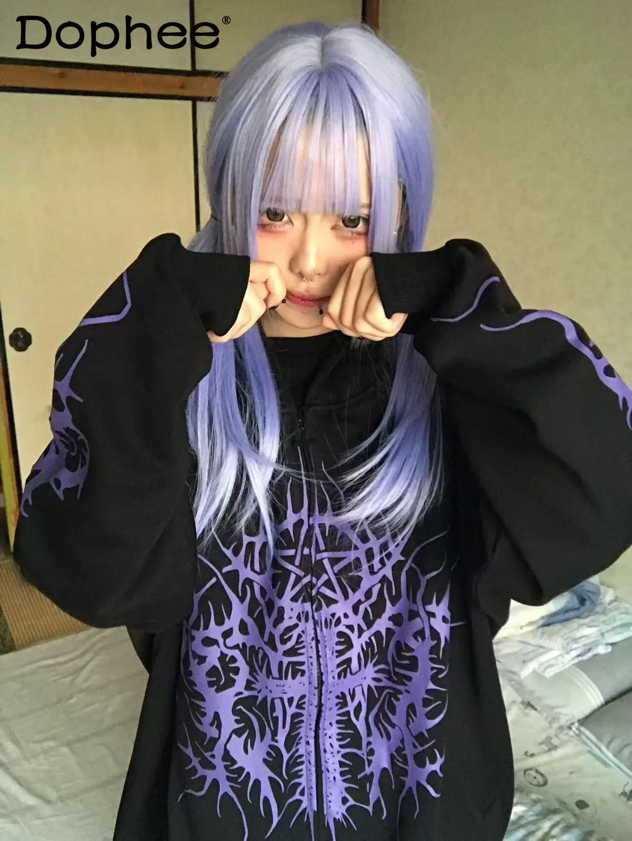 

Japanese Original Dark Loli Girl Hooded Zipper Jacket Loose Casual Y2k Subculture Personalized High Street Cardigan