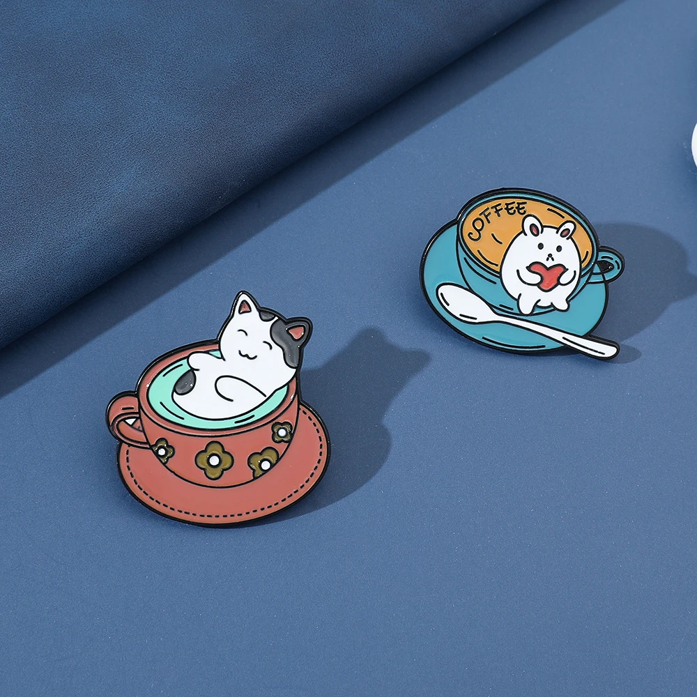 Cartoon Cute Coffee Cup Cat Enamel Pin for Backpack Accessories Kawaii Lazy Cat Brooch Animal Badge for Kids Gifts Jewelry