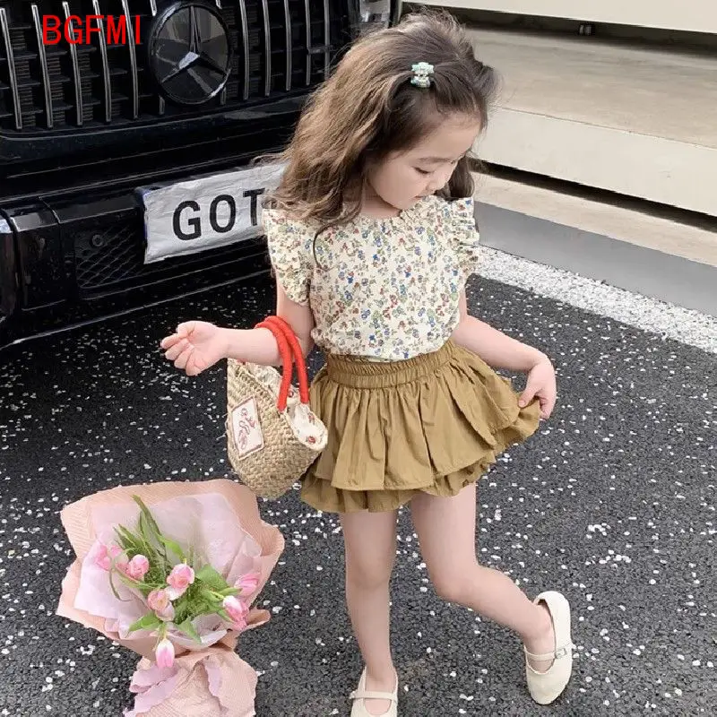 Baby Girls Clothing Set 2024 Summer New Girl Floral Suit Flying Sleeve Top+ Tiered Pantskirt Kids 2pcs Suit Baby Girl Outfit Set