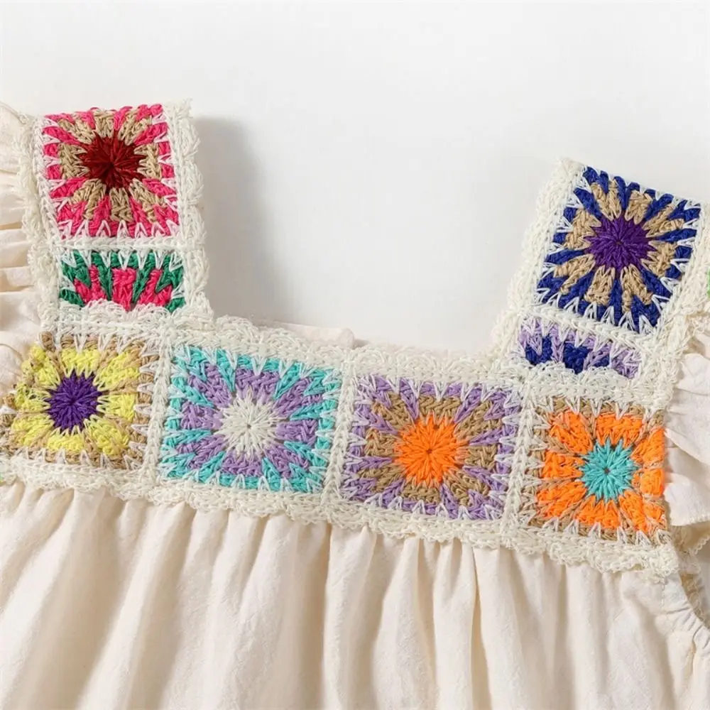 Ruffle Sleeveless Baby Girl Romper Square Neck Crochet Floral Onesie Bubble Romper Boho Outfit Infant Bodysuit Summer Clothes