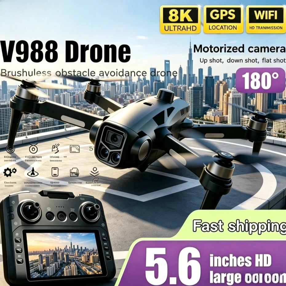 오리지널 V988 드론 프로페셔널 4K HD 8K 듀얼 카메라 대형 화면 리모컨 5G WIFI FPV 접이식 쿼드콥터 RC 드론