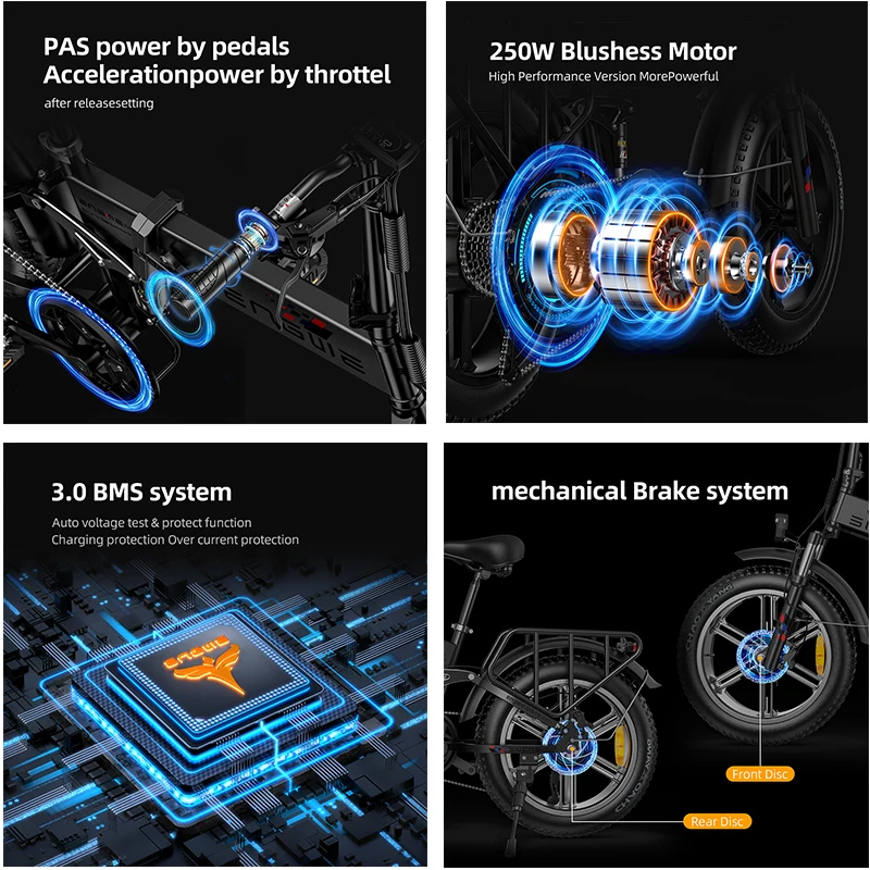 ENGINE Folding Electric Bicycle 750W Motor 48V 16AH Lithium Battery 20*4.0 Fat Tire Mountain E-Bike Adult Snow All-Terrain Bike