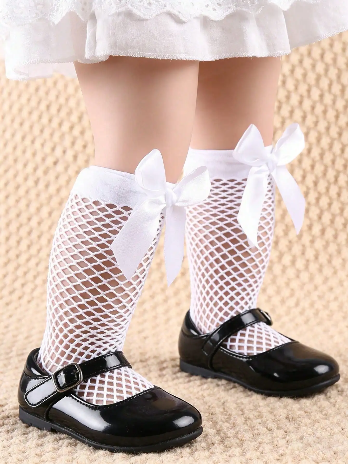 4Pairs Kids Fishnet Mid Calf Socks Big Bow Decor Breathable Mesh Socks Cute Girls Hollow Knee High Socks Spring Summer For 1-8Y