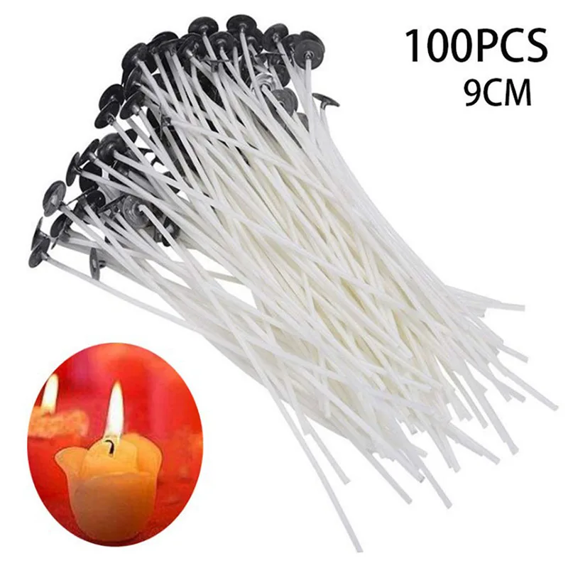 100pcs Smokeless Candle Wicks 9-20cm Pre-Waxed Cotton Core Wicks with Metal Sustainer Tabs DIY Handmade Candle Making Tools