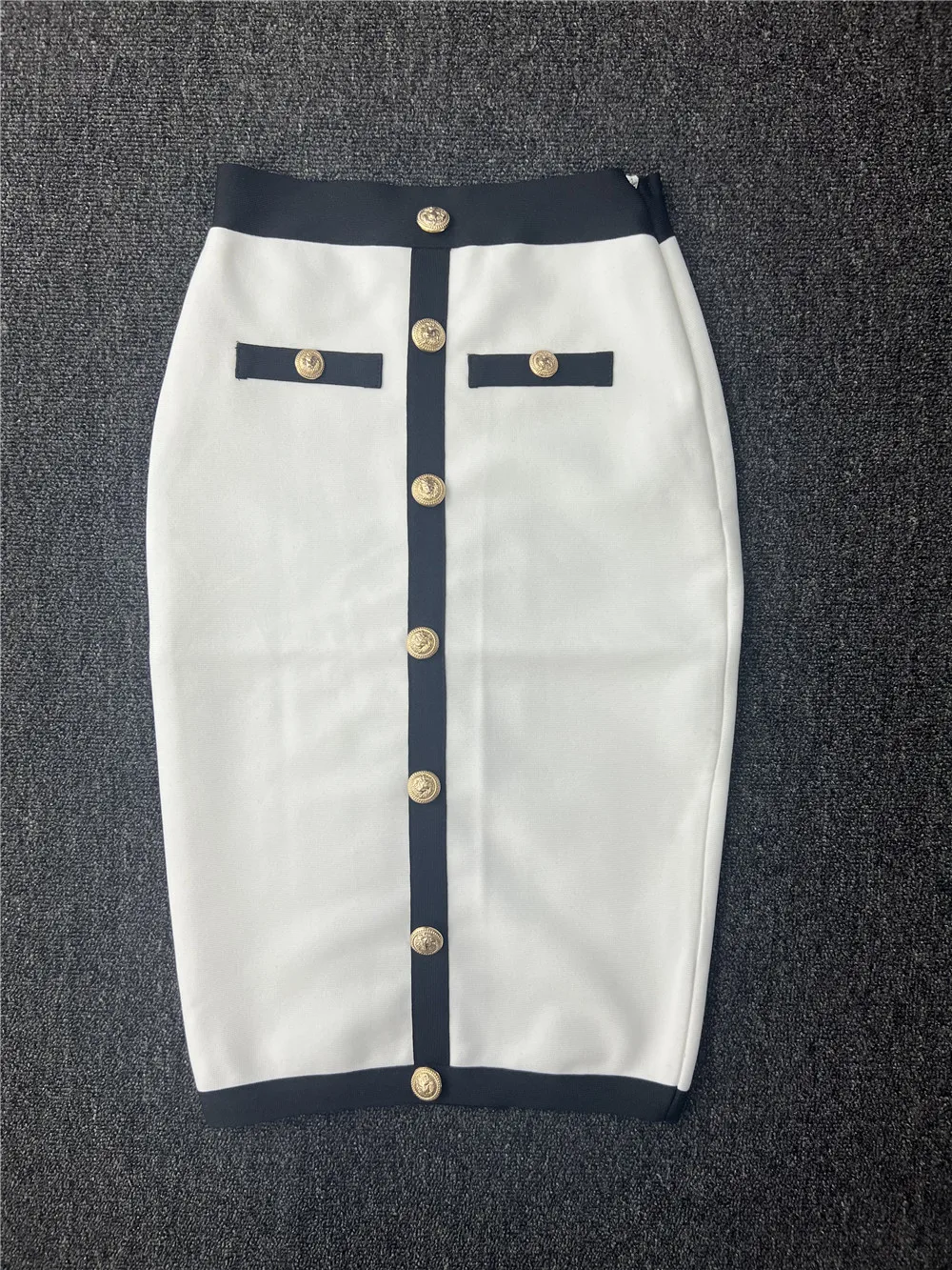 Black White Bandage Skirts For Women Elegant High Waist Elastic Buttons Knee Length Pencil Skirt Elegant Ladies Office Cloth