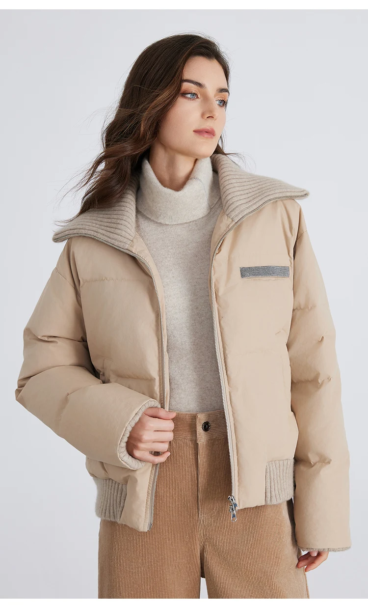 BC835 Weiße Gänsedaunenjacke mit großem Revers, warm, mit Reißverschluss, langärmelig, 100% Kaschmir, warmer Mantel – Detail 4