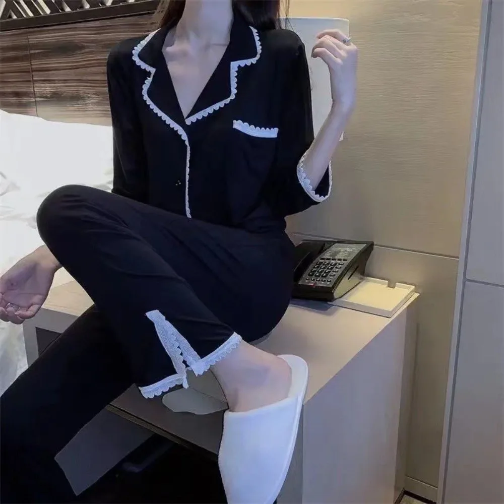 

Women's Pajamas Set Korean Kawaii Cute Cartoon Sweet Lady Love Heart Print Fashion Sleepwear 2024 Autumn Winter New Nightwear