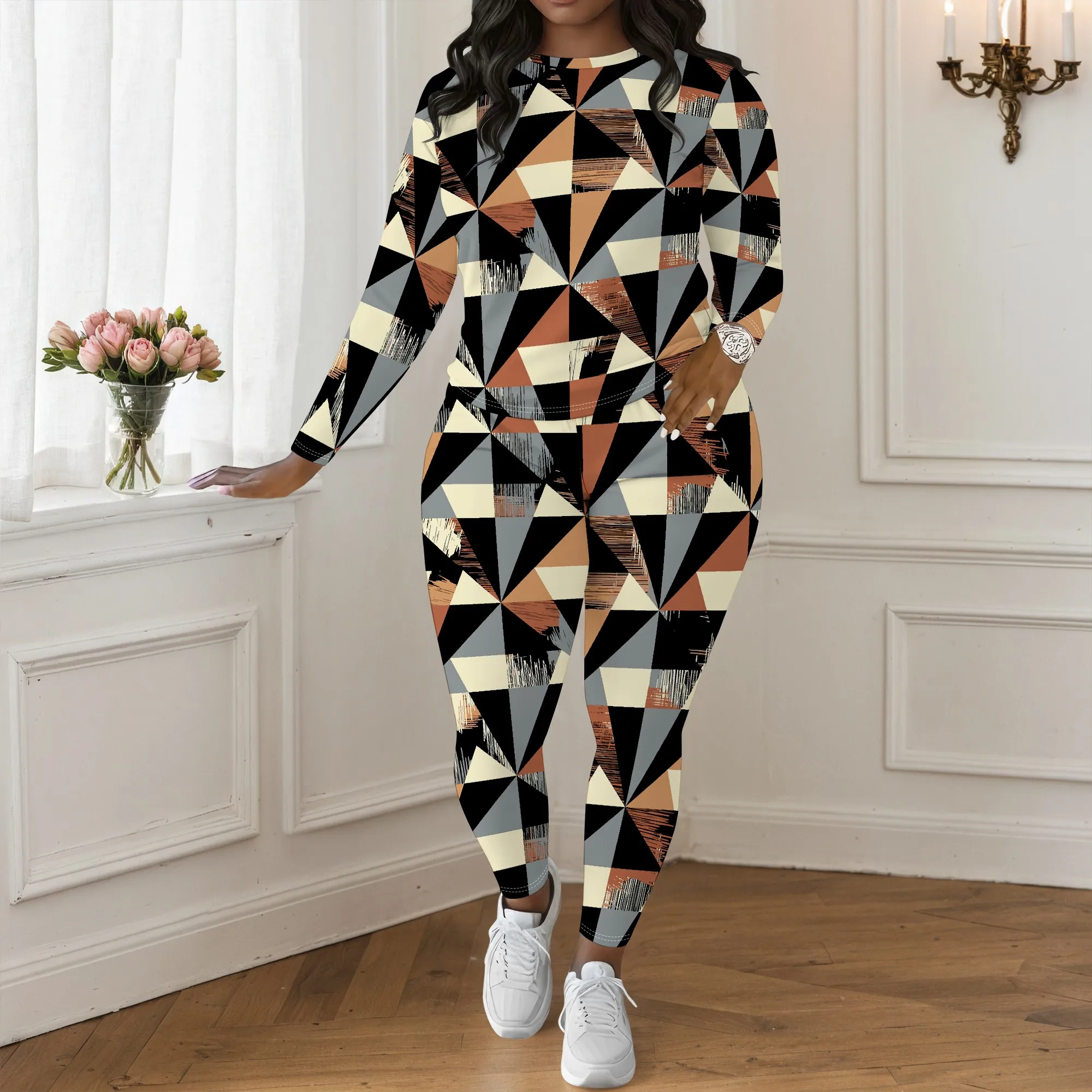 

Женский комплект из двух предметов с длинными рукавами, модный комплект из двух предметов с 3D-принтом, повседневный и расслабленный стиль.