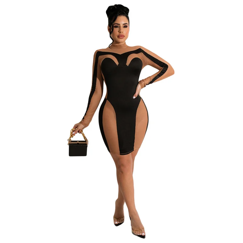 Sexy Midnight Style Mesh Patchwork Bodycon Mini Dress donna elegante abito da festa trasparente Clubwear Chic abito da compleanno a maniche lunghe