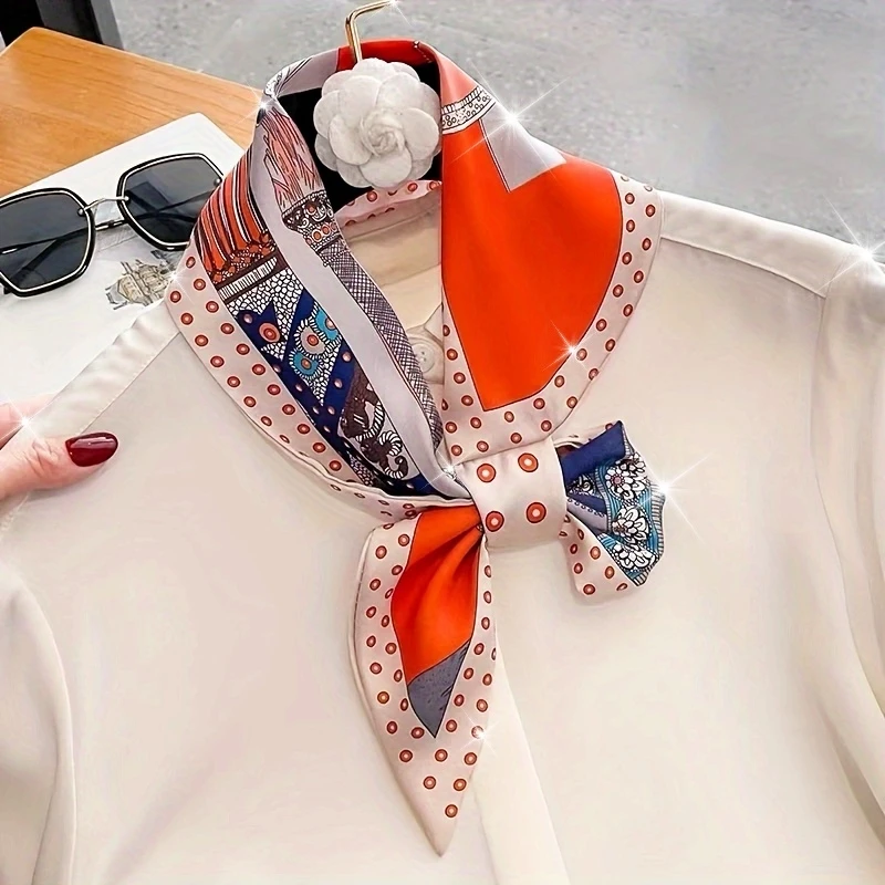 Boho Chic Orange Floral Print Skinny Neckerchief Scarf For Women Satin Silk Ribbons Bandana Neck Tie Wrist Wrap Shawl Echarpe