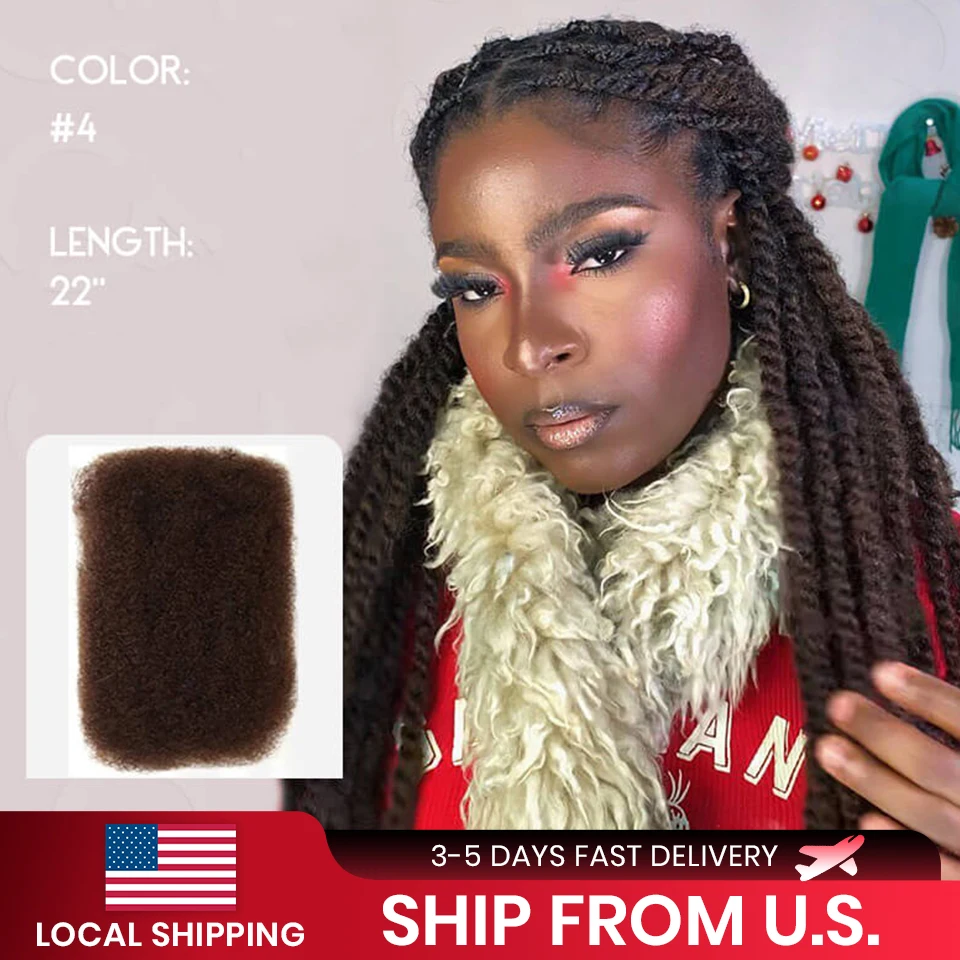 Sleek Peruvian Afro Kinky Curly Human Hair Bulk For Braiding Remy Bulk Hair No Attachment QVR Natural Brown Ship From U.S.