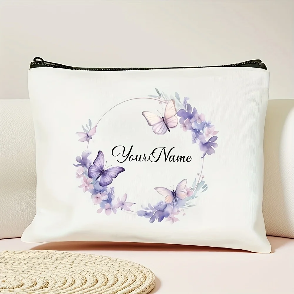 1Pc Custom Name/Text Purple Floral Parttern Makeup Bag Double Sided Printed Cosmetic Pouch Travel Toiletry Organizer Storage Bag