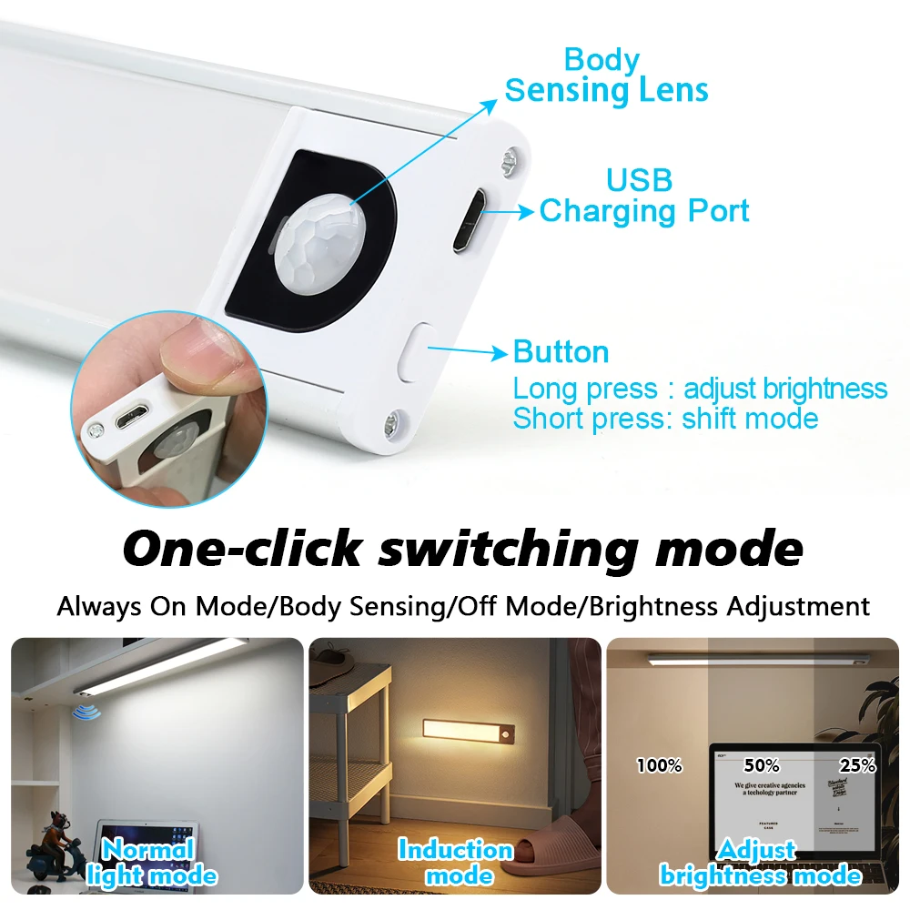 Ultra-Thin Led Under Kitchen Cabinet Light Motion Sensor Lamp Usb Rechargeable Interior Lighting For  Bedroom Closet Wardrode