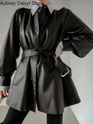 Jaqueta de couro preto coreano mulheres inverno streetwear cinto design falso couro motociclista jaqueta oversize casual punk solto plutônio casaco novo