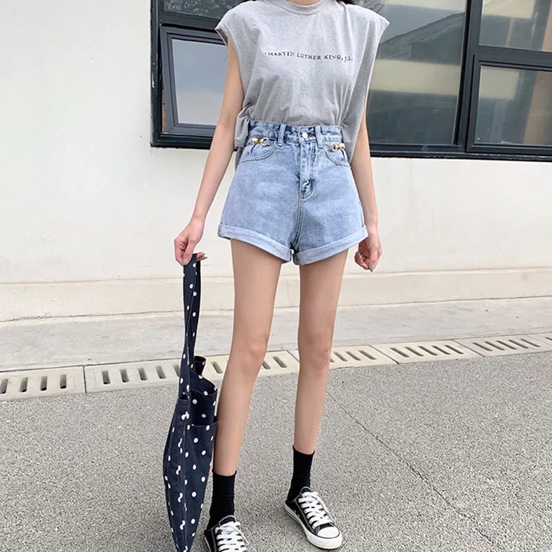 DFRCAEG estate 2024 pantaloncini di Jeans donna a vita alta gamba larga Jeans blu a crimpare larghi pantaloncini di Jeans con paillettes femminili