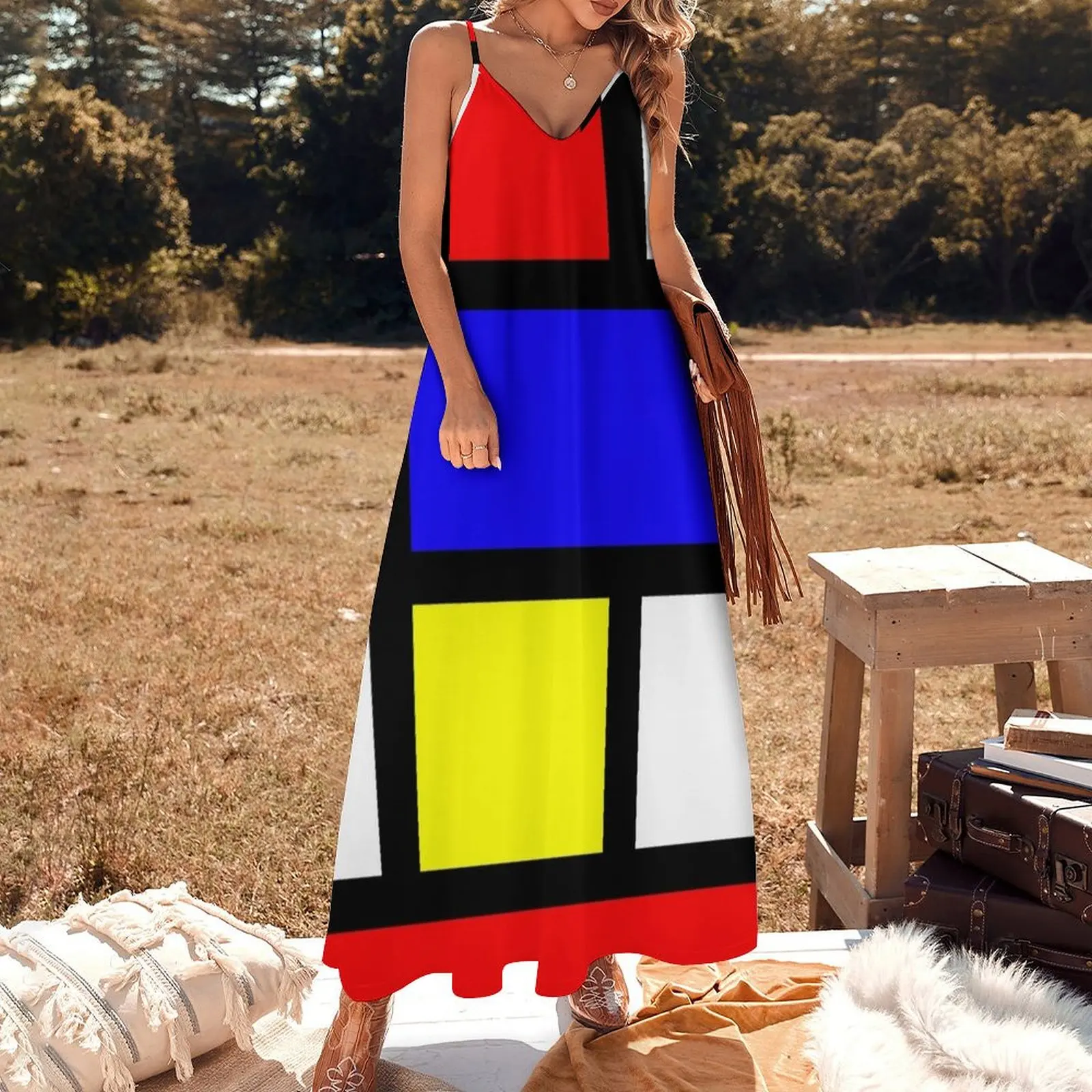 1960s Mondrian Sleeveless Long Dress sexy dress Women's summer skirt Dress