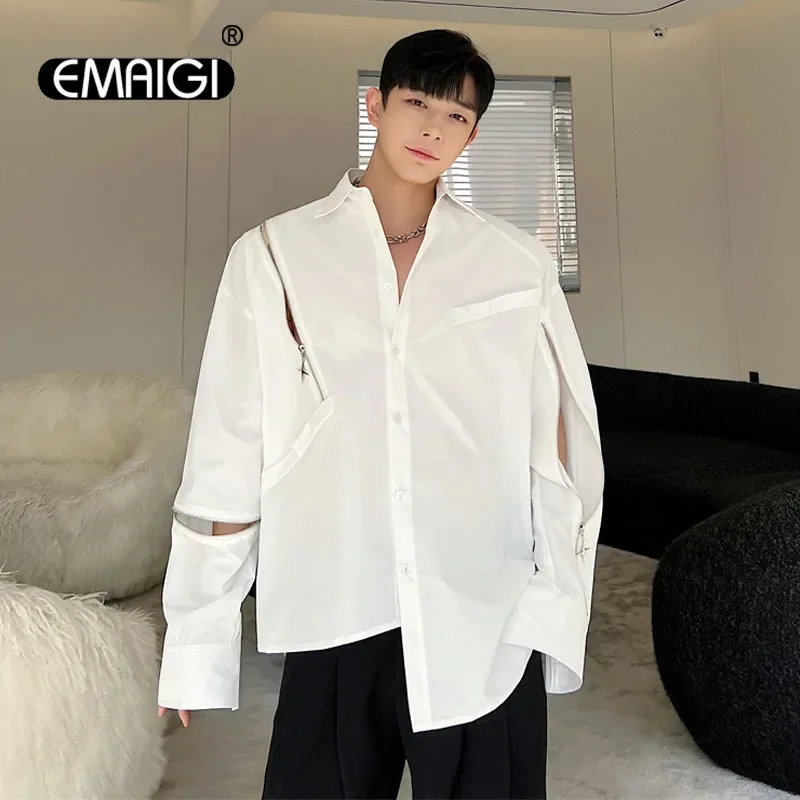 Man Irregular Splice Shoulder Pad Zipper Loose Casual Long Sleeve Shirts Men Streetwear Fashion Hop Hop Party Dress Shirts