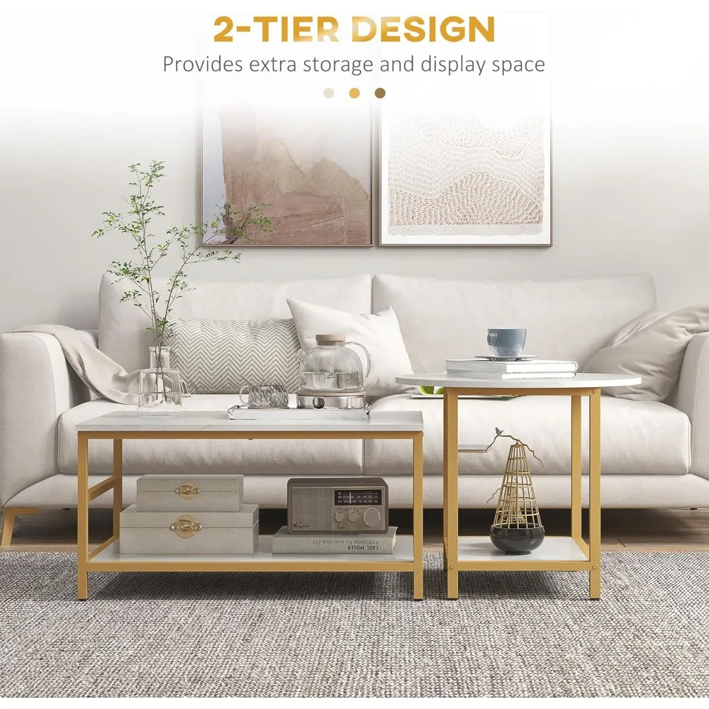 Coffee Tables Set of 2, 2-Rier Rectangle and Round Coffee Table with Storage Shelves, Faux Marble Top and Steel Frame, So