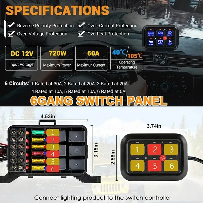 12V 6gangs Car LED Switch Panel Light Senstive On Off Switch Control Panel Combination Switch Light Switches