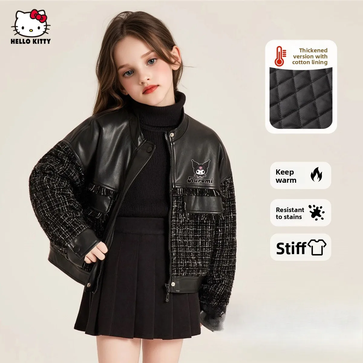 

Женское пальто Kuromi, зима 2029, детская толстая теплая куртка с сумкой, детское хлопковое пальто принцессы, пальто от 3 до 12 лет