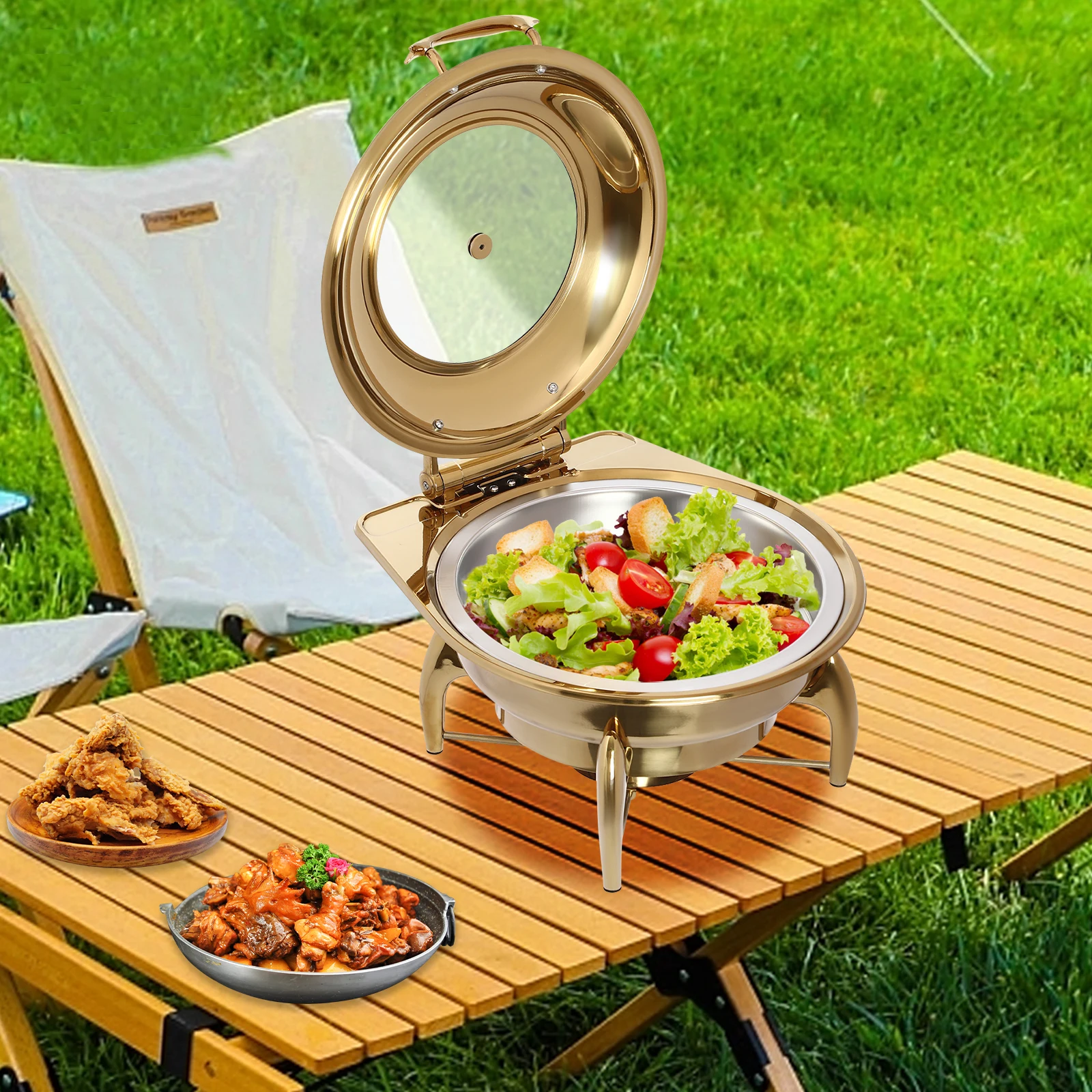 

Круглая тарелка-буфет, 6,3 QT рулонная верхняя подогреватель из нержавеющей стали с толстой рамкой для кейтеринга и событий Стандартный свадебный ужин