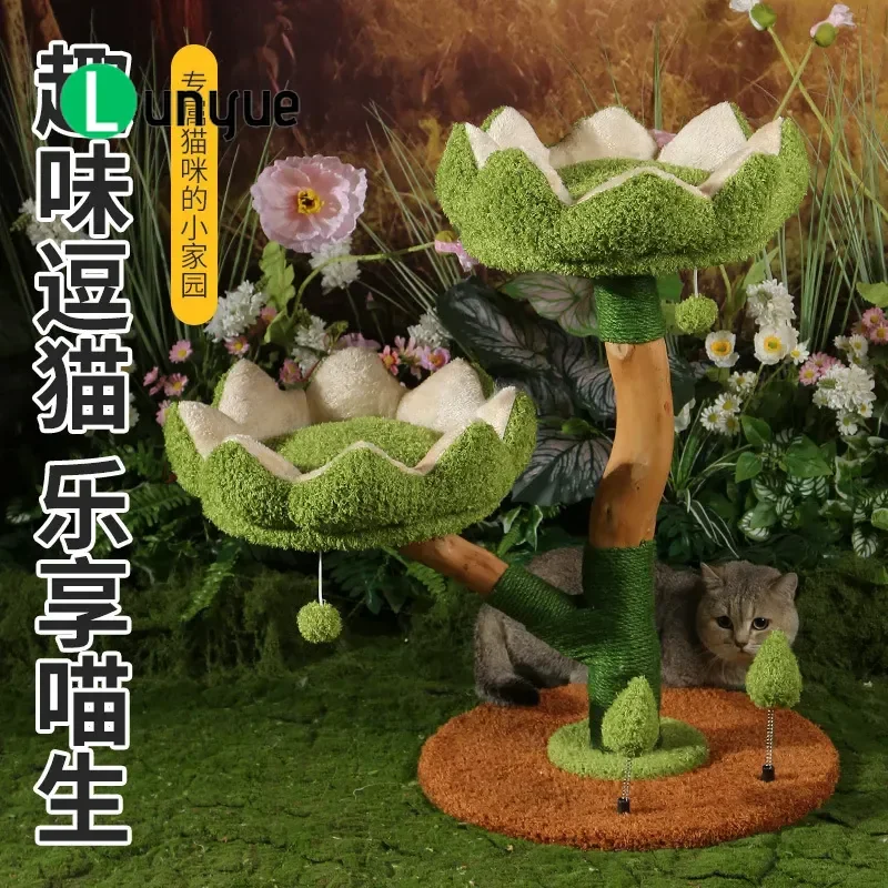 Solid Wood Cat Climbing Frame Large Space Saving Pet Tree with Nest Integrated Toy Lotus Design for Indoor Cats Good Luck