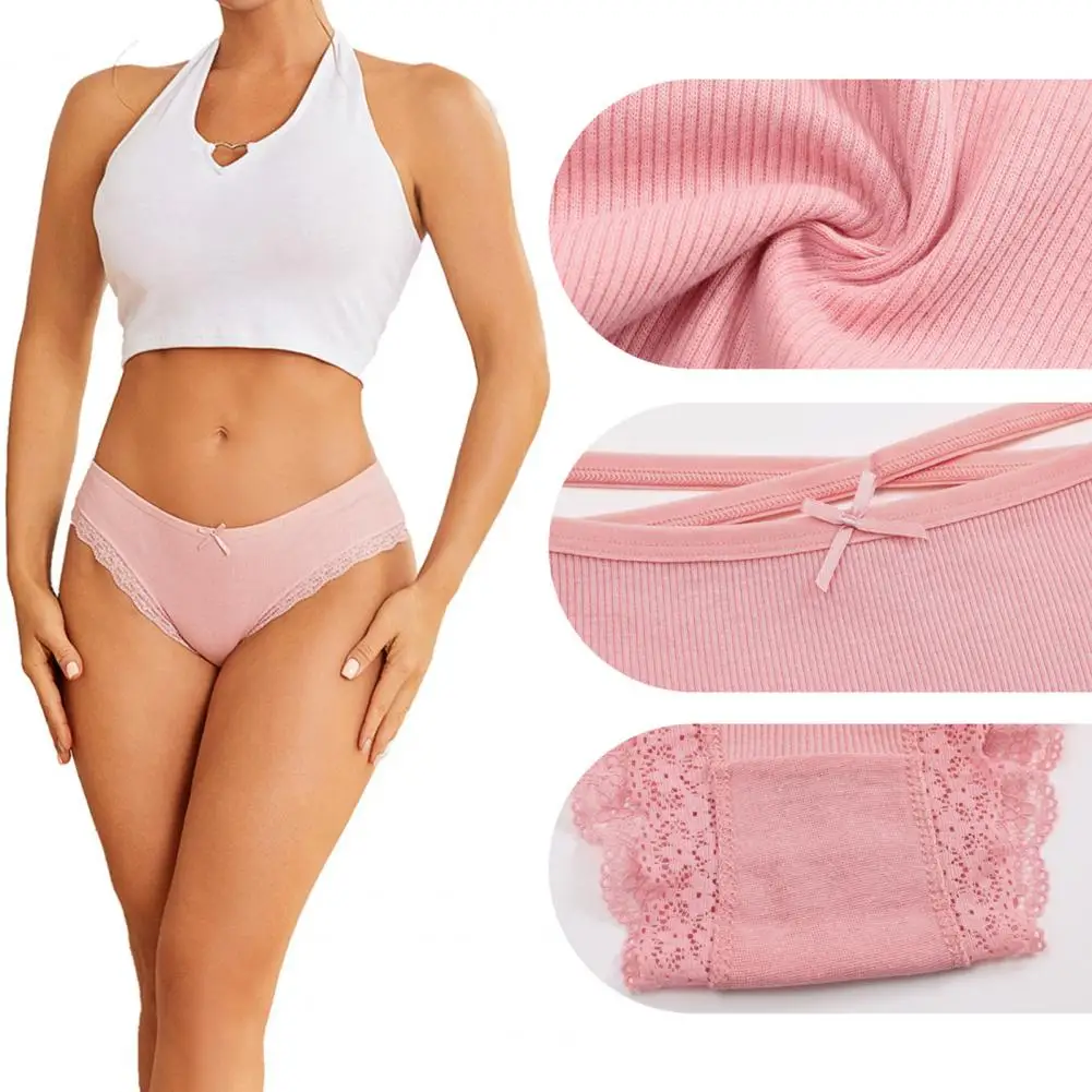 Lady Panties Thread Cotton Lace Trim Hollow Out Strap Low Waist Elastic Briefs Bow Decor Solid Color Briefs for Daily Wear And S
