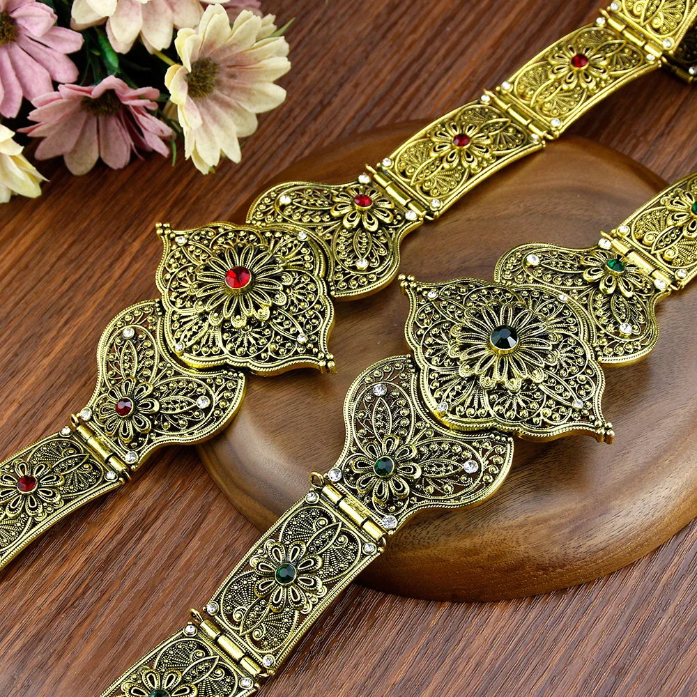 Retro Silver Color Caucasus Belt For Women Red Green Crystal Ottoman Wedding Jewelry Round Turkey Metal Dress Belt