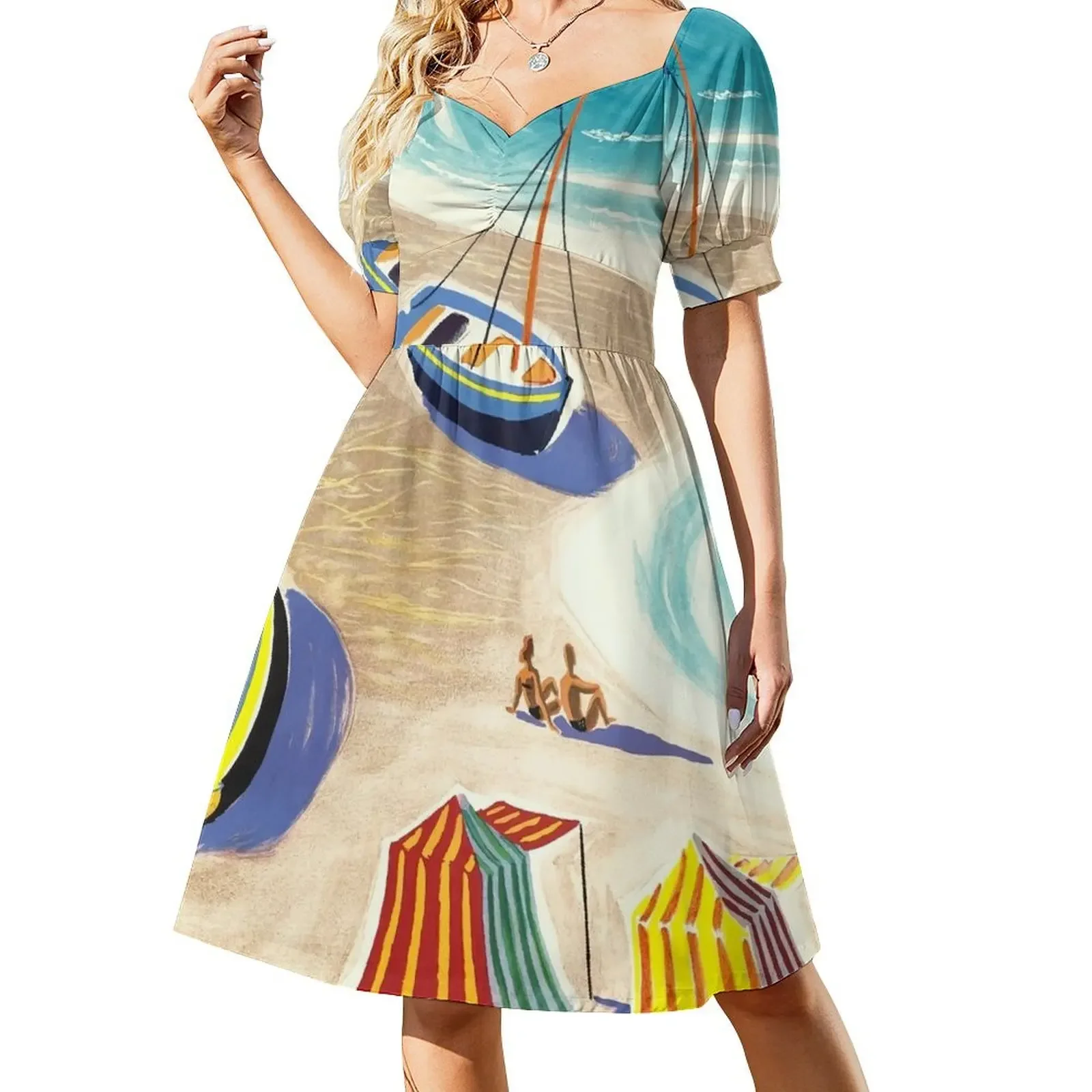 

Vintage France Beaches Villemot Travel Poster Short-Sleeved Dress women's dresses luxury Female dress Dress