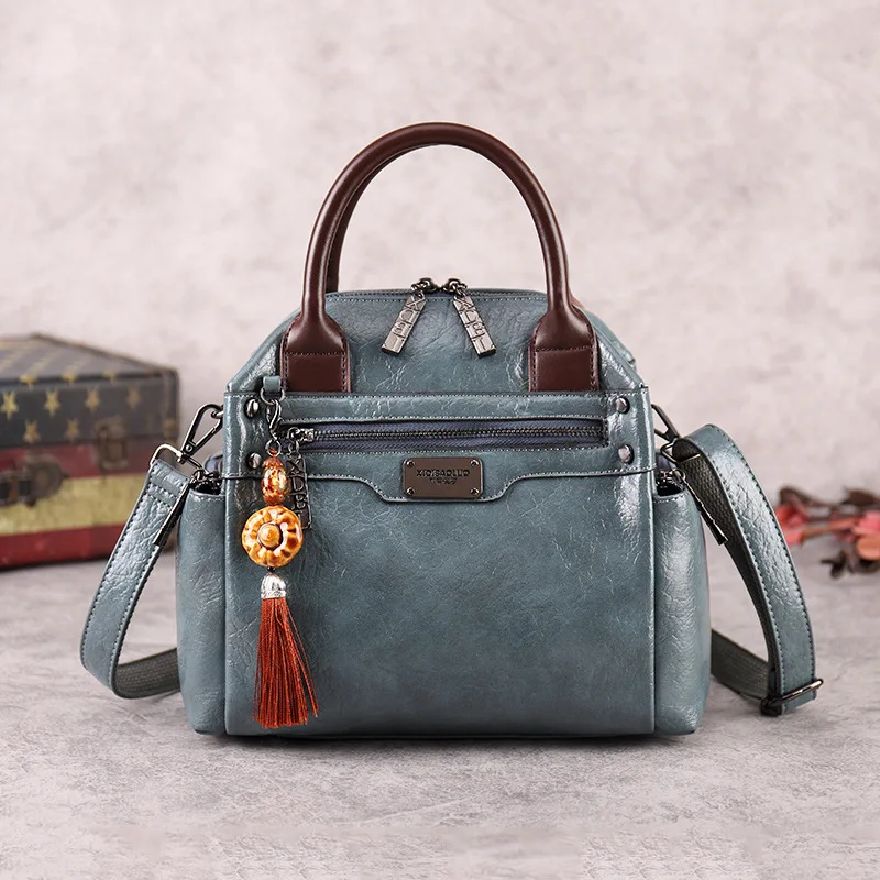 Johnature Luxury Women Handbag 2024 New Retro Oil Wax Leather Portable Bag Fashion All-match Female Shoulder & Crossbody Bags