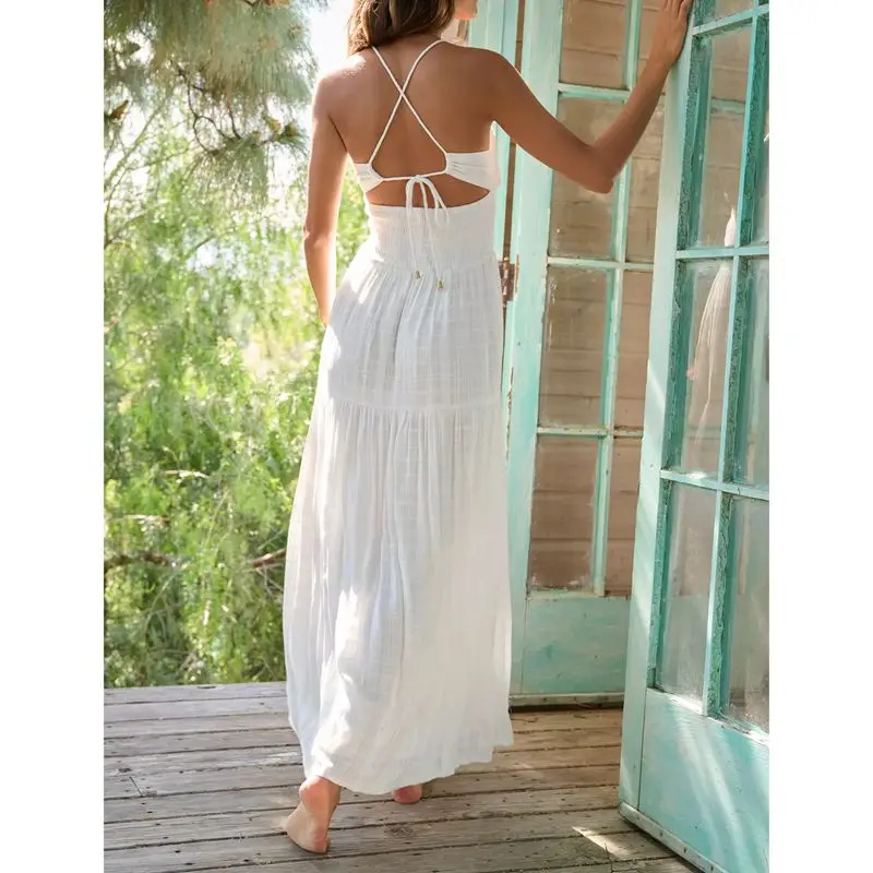 Combhasaki Abito lungo da donna con foro frontale smock sottile cinturino per spaghetti legato senza schienale ritaglio estivo senza maniche con spacco alto Cami A-Line abito lungo