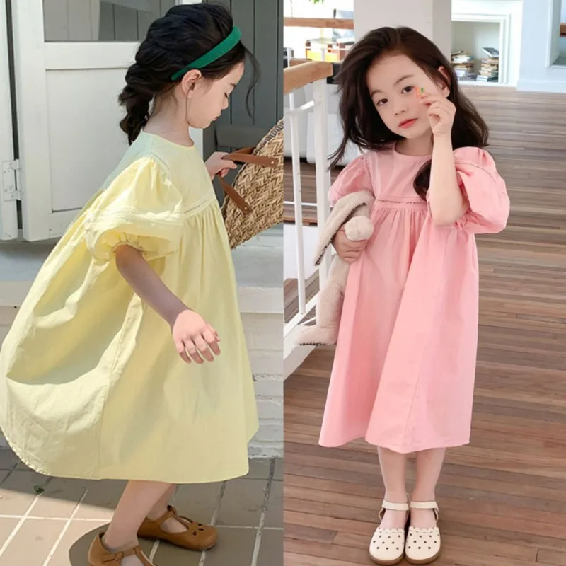 UNITIM 2026 Kids Babys Girls Dress Summer Bubble Short Sleeve Little Girls Dress French Solid Thin Belle Girls Princess Dresses
