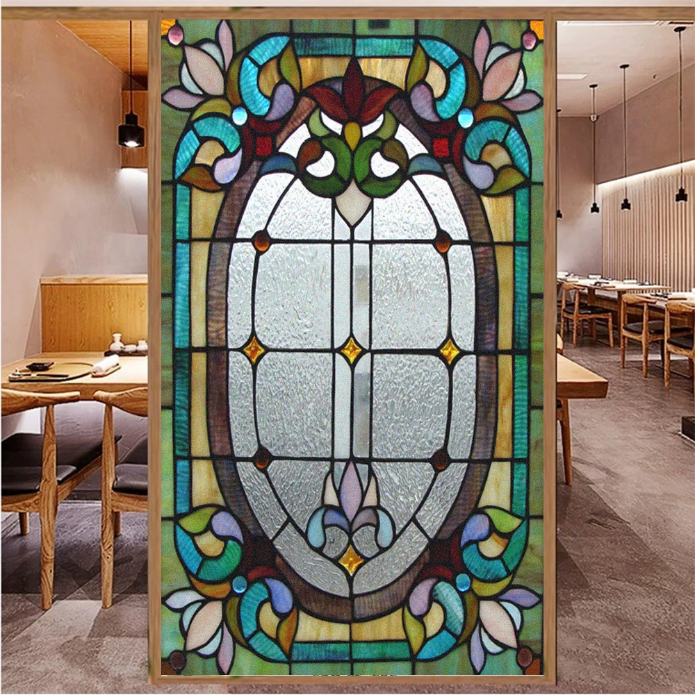 

Retro Privacy Window Film Static Clings Stained Glass Non-Adhesive Anti-UV Protection Heat Control Door Stickers for Home