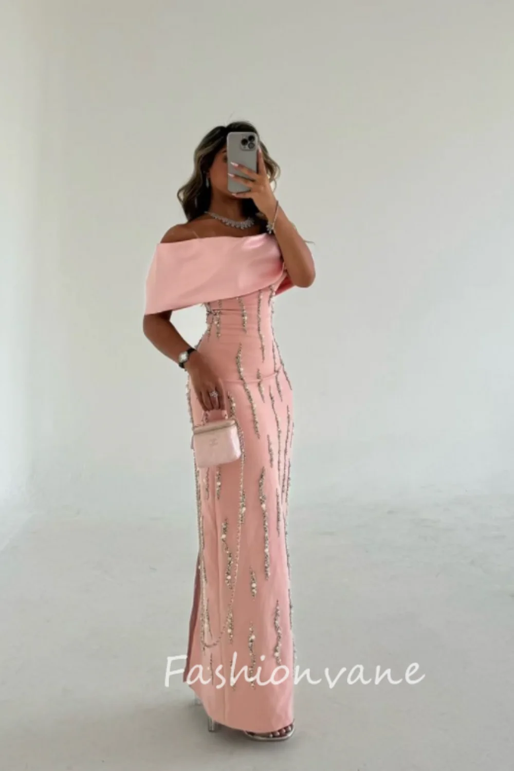 Fashionvane 2024 Customized Sheath Off Shoulder Sleeveless Pink Sequins Floor Length Formal Prom Dress Luxury Evening Dress