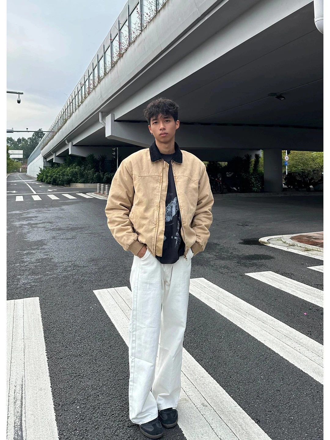 

Khaki Canvas Waed Jaet Men's Vintage Detroit Workwear ort Baseball Sle Autumn Outerwear Stand Fit Long Sve