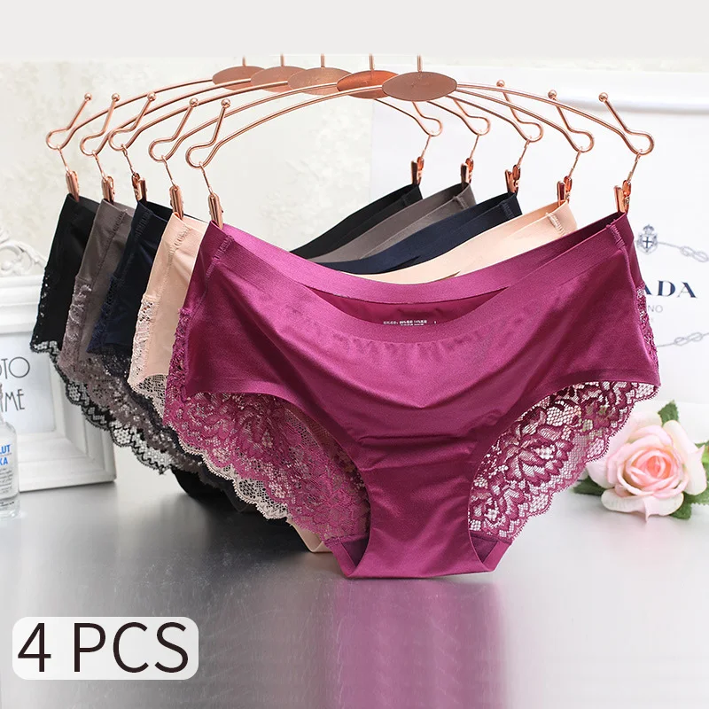 4Pcs Lace Women\'s Panties Exquisite Underwear Silk Satin Sexy Seamless Girls Lingerie Female Briefs Plus Size Comfort Underpants