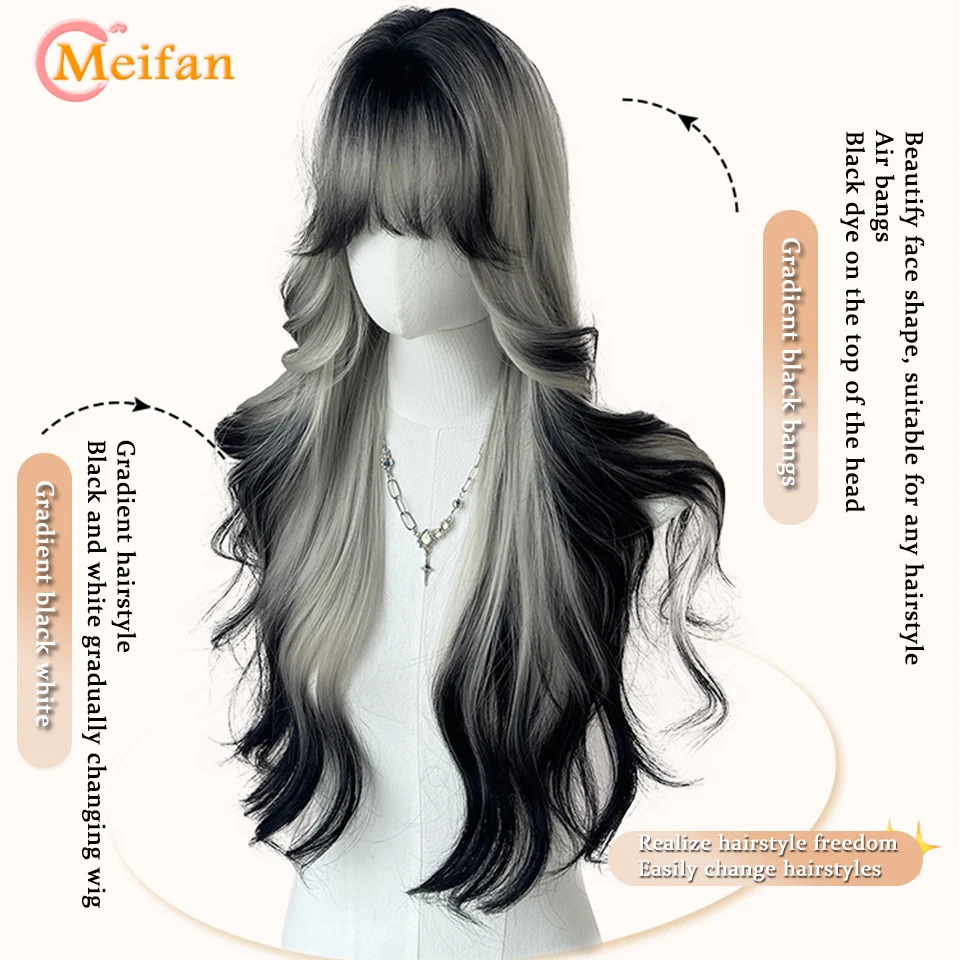 MEIFAN Synthetic Long Straight Lolita Wig with Bangs Wig Girl Cute Ombre Pink Blonde Black Cosplay Party Halloween Harajuku Wig