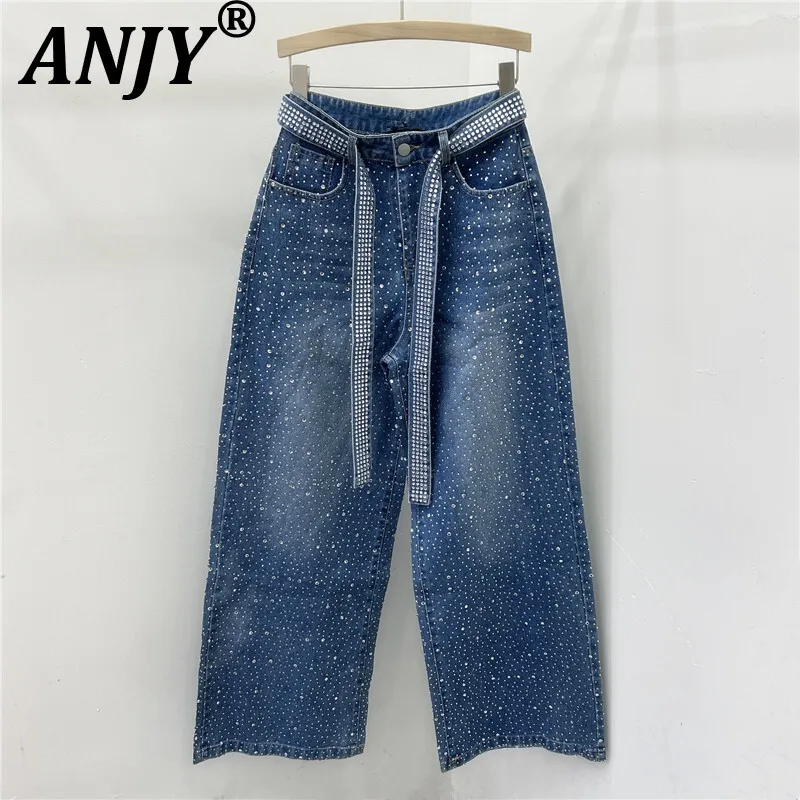 ANJY Autumn New Women Fashion Studded Diamonds Temperament Washed Jeans Niche Loose Heavy Craft Tide Wide-Leg Denim Pants A14515