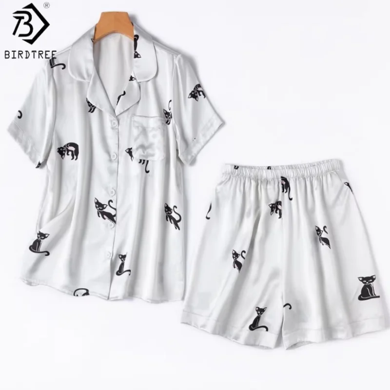 BirdTree, 21MM 100% Silk Pajamas Set, Women Plain Satin Shirt Shorts, Elegant Lapel Cat Print Homewear, 2026 Summer New S64510JF