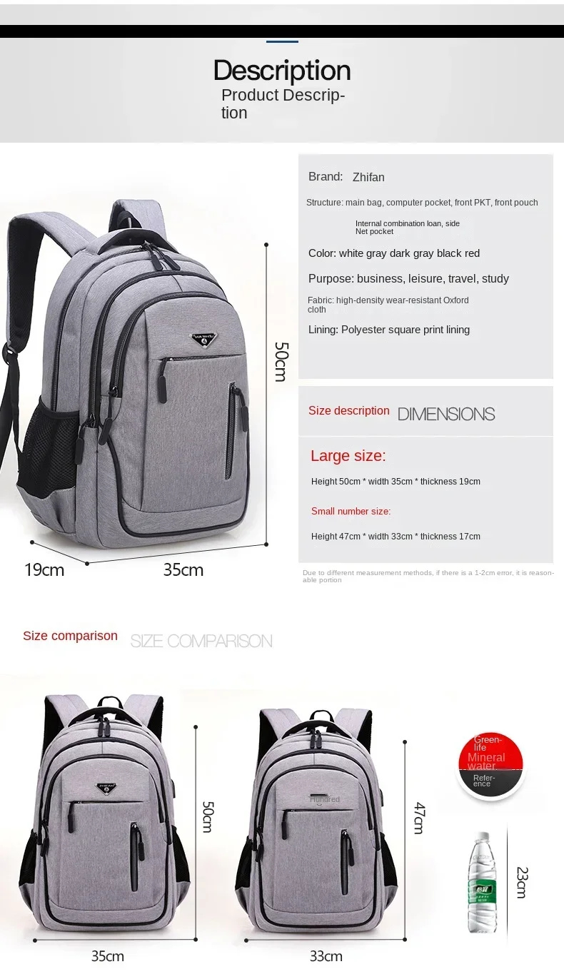 New Men's Oxford Waterproof Rucksack Rechargeable USB Business Computer Bag Casual Backpack Senior High School Student Schoolbag