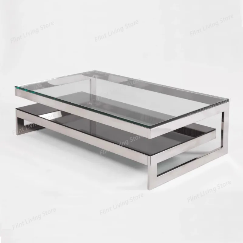 ​​Nordic Creative Coffee Tables Double Layer Stainless Steel Frame Multifunctional Modern Minimalist Luxury Home Decor