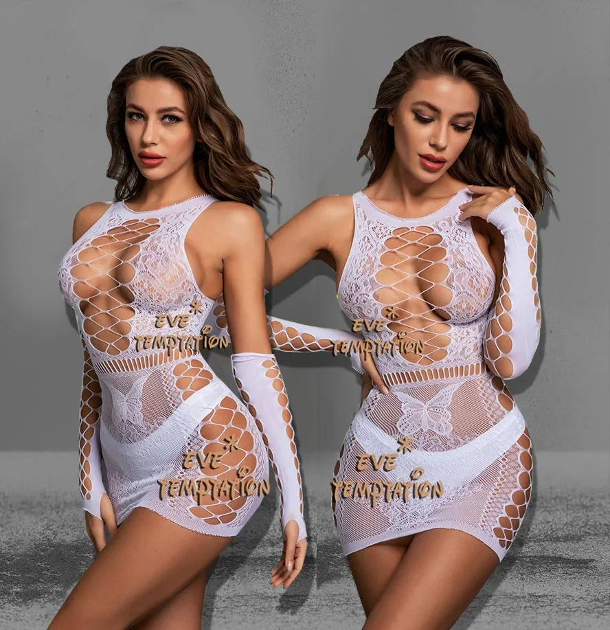 Babydoll – combinaison + gants à manches longues, lingerie Sexy, érotique, entrejambe ouvert, W283
