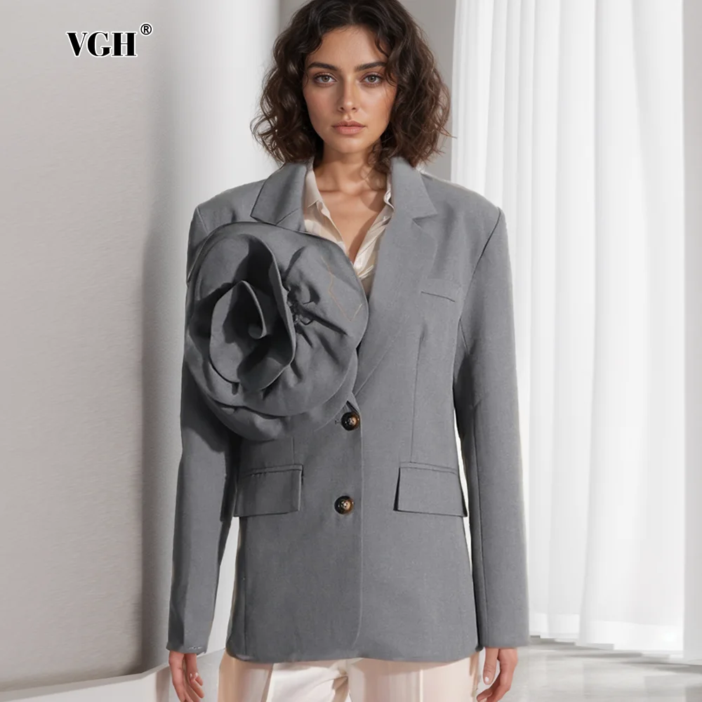 

VGH Vintage Patchwork Appliques Blazers For Women Notched Collar Long Sleeve Spliced Breasted Casual Soild Blazer Female Fashion
