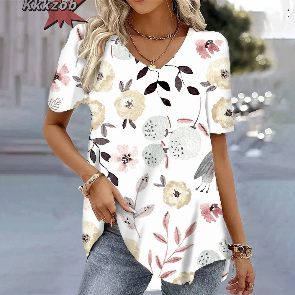 3D Butterfly Printed Short Sleeve T-Shirt Korean Style Women's Clothes 2024 V-Neck Short Sleeves Tees Shirt Loose Casual Blouses