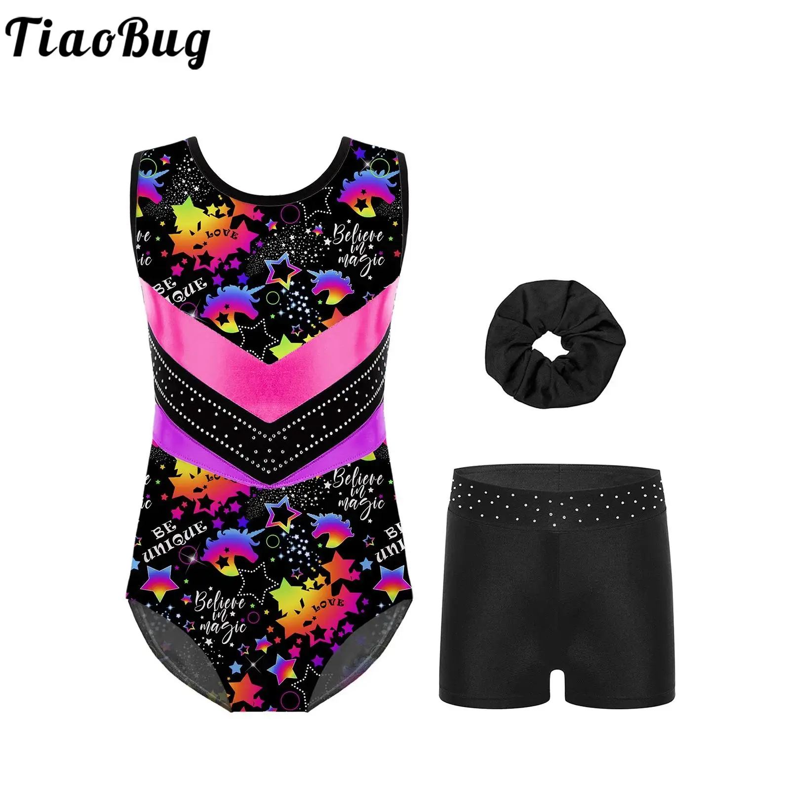 

Kids Girls Gymnastic Dance Performance Costumes Figure Skating Yoga Workout Outfit Sleeveless Bodysuit with Shorts Ballet Sets