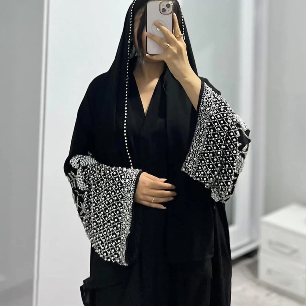 Modest Eid Dubai Abaya Spring Summer Women Muslim Dress Turkey Maroc Elegant Luxury Beaded Kaftan Pearl Kimonos Abaya Hijab Set