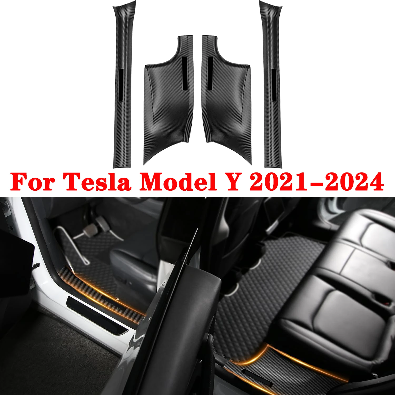 

For Tesla Model Y 2021-2024 Door Sill Protector 5 Seater, 4pcs Carbon Fiber Door Sill Scuff Plate Edge Guard Pedal Kick Covers