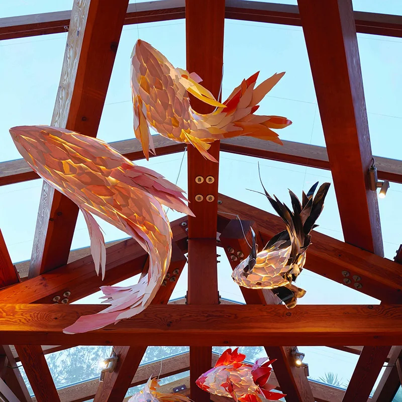 Wooden fish lamp chandelier New Chinese restaurant Hotel hot pot restaurant modeling lamp Hotel lobby fish decorative carp lamp
