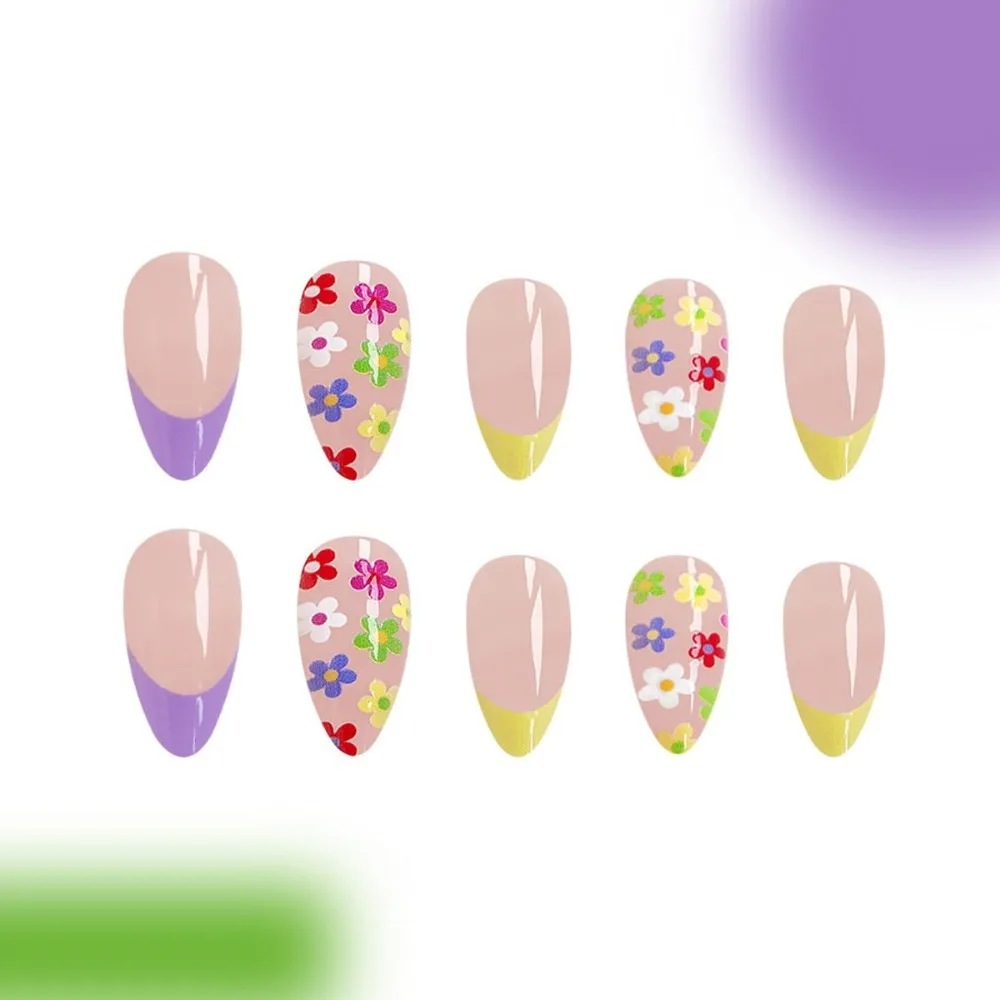 Medium + White Tip French Style Fake Nails with Colorful Flower Accents and Accessories